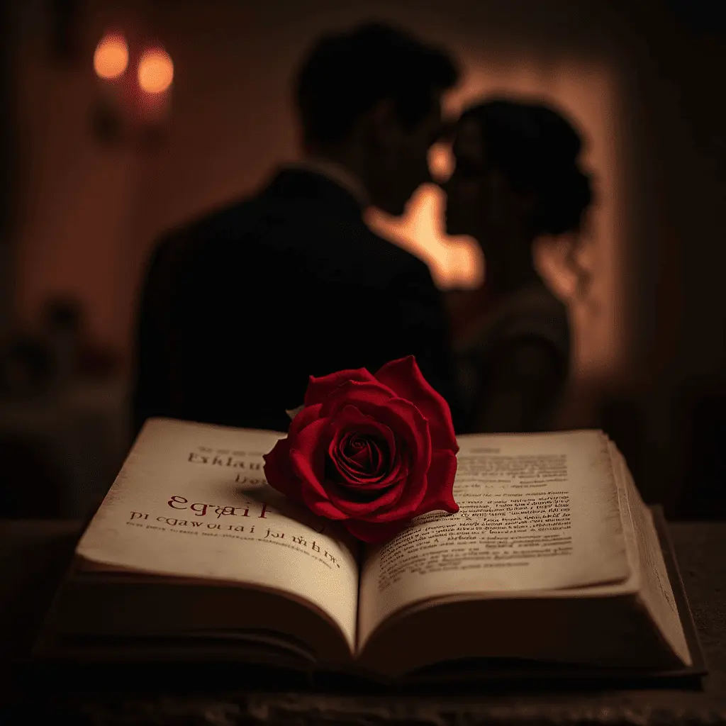 An open book titled 'It Ends with Us' by Colleen Hoover, with a red rose lying on the pages. A blurred silhouette of a couple embracing is in the background, creating a moody and emotional atmosphere