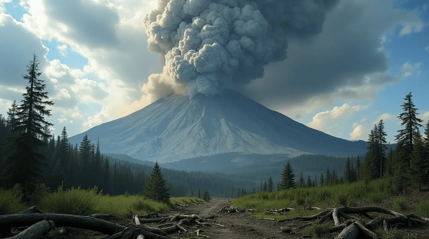A dramatic view of Mount St. Helens erupting, with a massive ash plume and surrounding dark clouds, contrasting a lush green forest and fallen trees in the foreground
